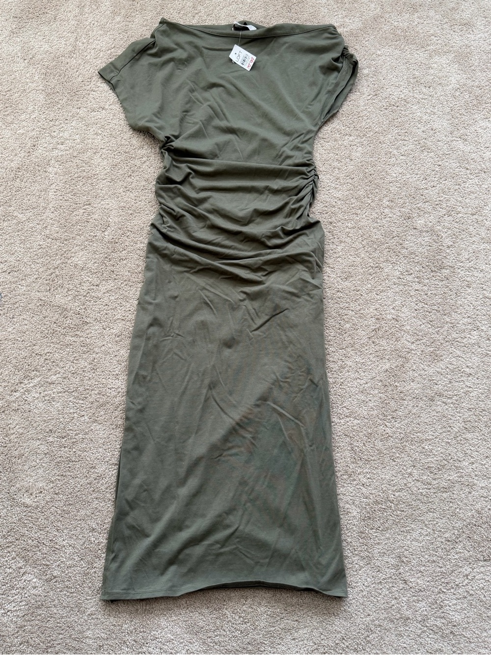 LOFT olive green cap-sleeve midi dress flattering side ruching Size X Small